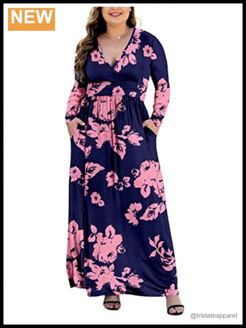 Women's Plus Size Long Sleeve V-Neck Maxi Dress with Pockets